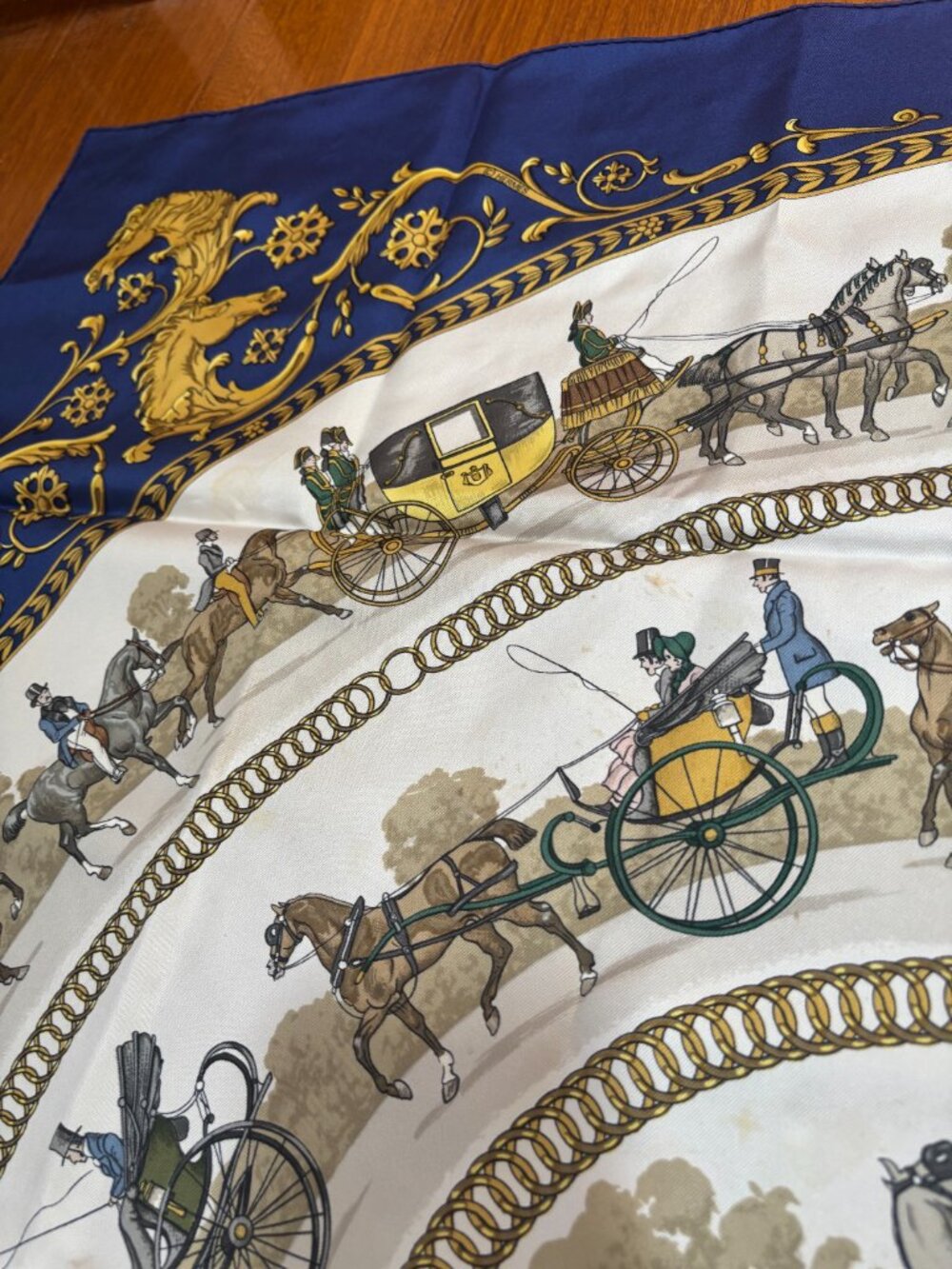 Authentic HERMES Carre 90 Scarf "LA PROMENADE DE LONGCHAMPS" Silk Blue - Picture 5 of 8